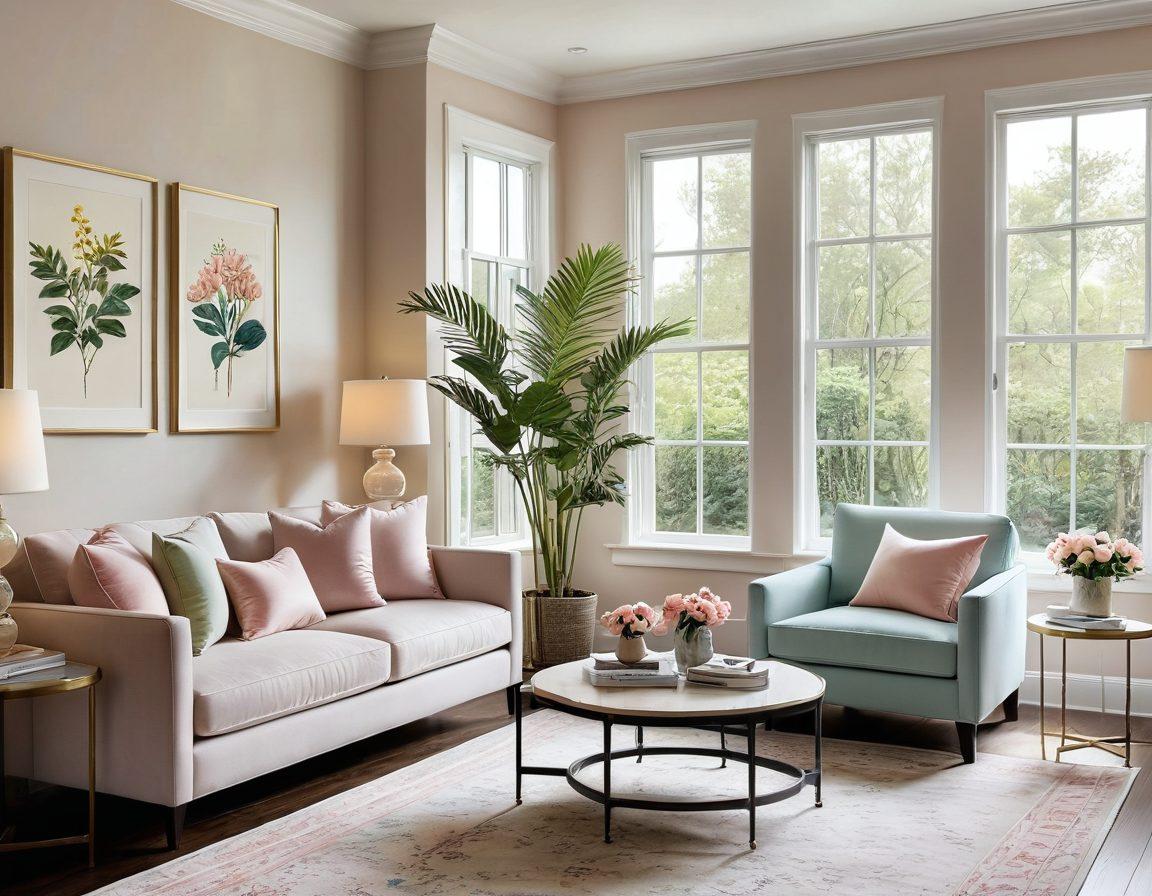 An elegant living room featuring soft pastel colors, beautifully arranged furniture, and stylish decor elements like plant accents and artistic wall art. Incorporate a cozy reading nook with a plush chair and a chic coffee table adorned with candles and books. Highlight natural light streaming through large windows, enhancing the inviting atmosphere. super-realistic. vibrant colors. warm lighting.