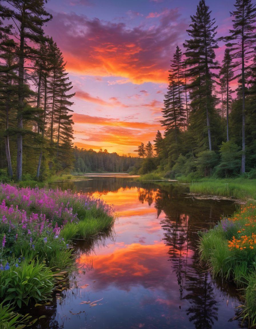 A breathtaking landscape showcasing a stunning sunset over a tranquil lake, surrounded by lush forests and delicate wildflowers in full bloom. Incorporate vibrant, contrasting colors to evoke a sense of tranquility and beauty. Add a winding path that draws the eye into the scene, inviting the viewer to explore. Include soft reflections on the water to enhance the serene atmosphere. painting. vibrant colors. serene mood.