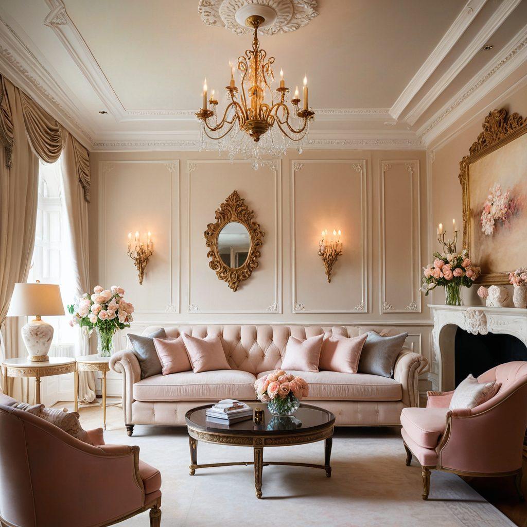 A beautifully decorated room showcasing a harmonious blend of modern and classic elegance. Include soft pastel colors, luxurious furnishings, and delicate floral arrangements that evoke a sense of tranquility. Highlight a stunning chandelier and an inviting sitting area with art pieces on the walls. The lighting should create a warm, inviting atmosphere. sophisticated interior design, elegant aesthetics, soft lighting.